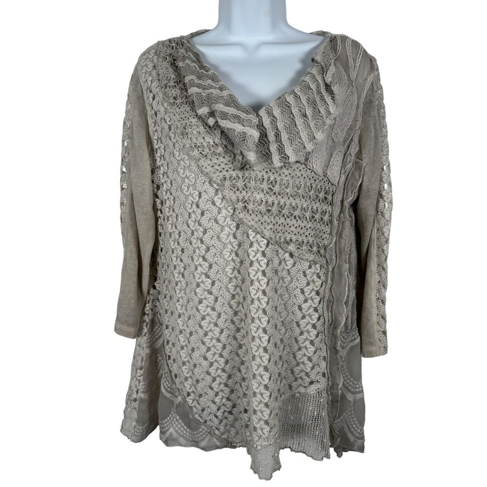 Ali Miles Medium Top Blouse Lagenlook Womens Beige‎ Boho 3/4 Sleeve Lace